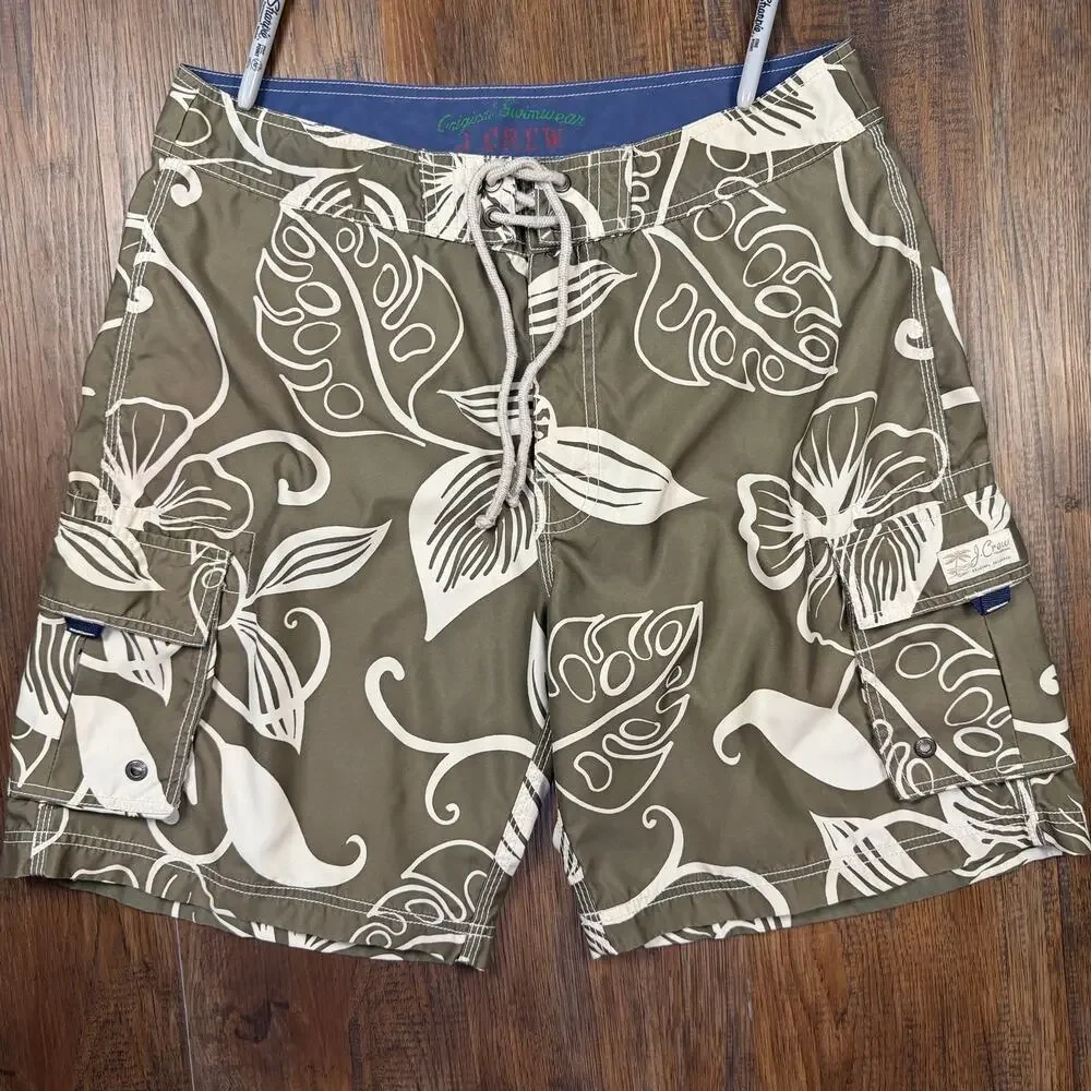 J. Crew Original Swimwear size 34 swim board shorts green cream tropical floral